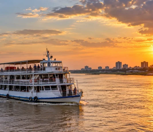 Porto Velho terá 1.500 ingressos grátis para passeios no Rio Madeira Composição editorial de barco de passageiros navegando em rio ao pôr do sol, para ilustrar passeio de barco no Rio Madeira.