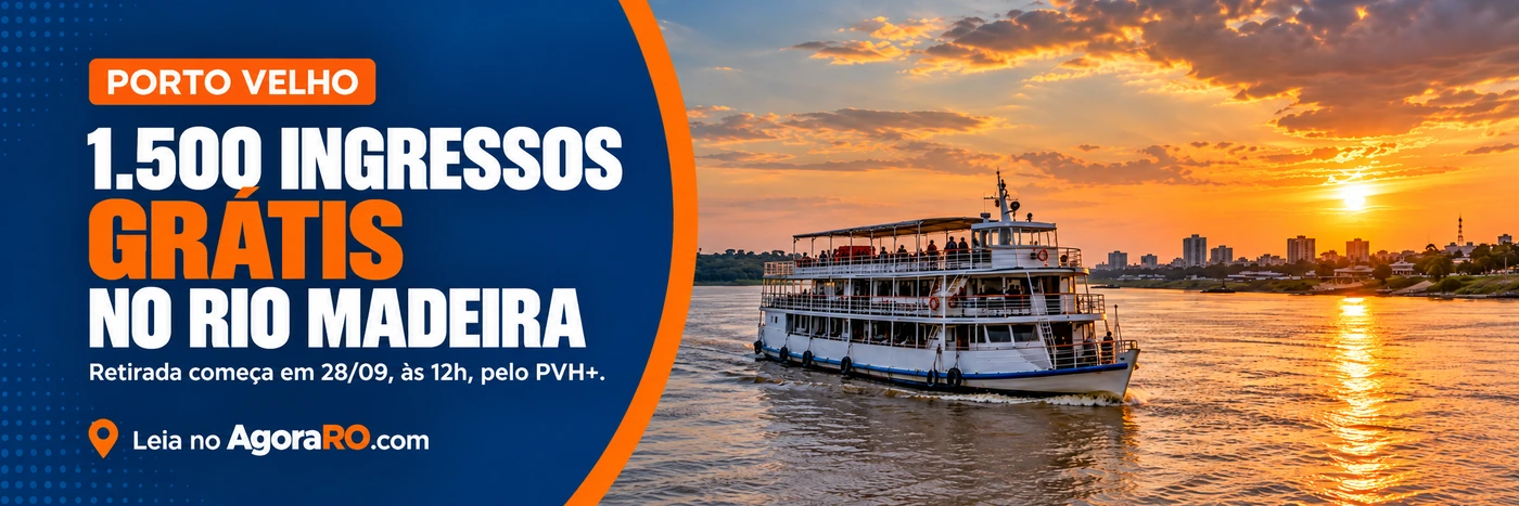 Faixa azul e laranja com 1.500 ingressos grátis, imagem ilustrativa de barco e assinatura Leia no AgoraRO.com.