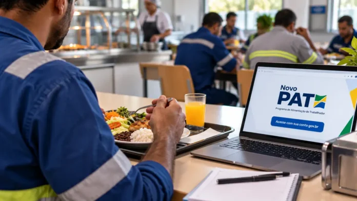 Trabalhador em refeitório empresarial com refeição e notebook representando o recadastro do PAT
