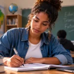 Pé-de-Meia Licenciaturas mantém pré-inscrição aberta até 19 de dezembro Estudante de licenciatura em sala de aula com caderno, livros e notebook