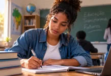 Pé-de-Meia Licenciaturas mantém pré-inscrição aberta até 19 de dezembro Estudante de licenciatura em sala de aula com caderno, livros e notebook