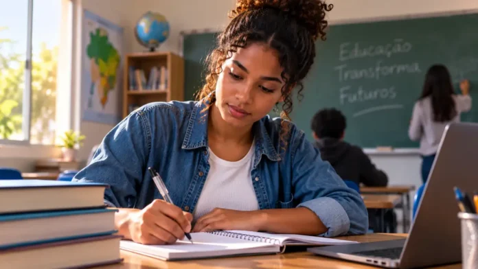 Estudante de licenciatura em sala de aula com caderno, livros e notebook