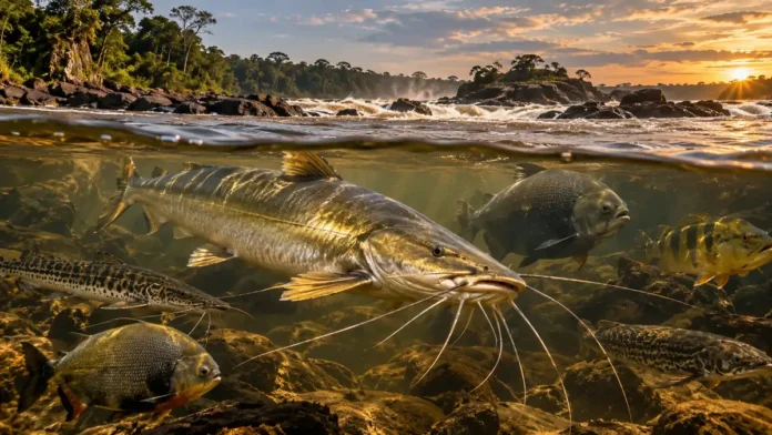 Peixes do rio Madeira em composição editorial com dourada e outras espécies amazônicas