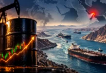 Petróleo Brent segue acima de US$ 100 com tráfego reduzido no Estreito de Ormuz Petróleo Brent acima de US$ 100 em composição editorial com barris, gráfico de alta e navios no Estreito de Ormuz
