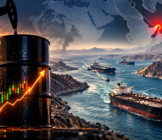 Petróleo Brent segue acima de US$ 100 com tráfego reduzido no Estreito de Ormuz Petróleo Brent acima de US$ 100 em composição editorial com barris, gráfico de alta e navios no Estreito de Ormuz