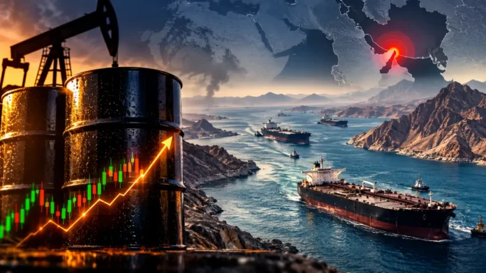 Petróleo Brent acima de US$ 100 em composição editorial com barris, gráfico de alta e navios no Estreito de Ormuz