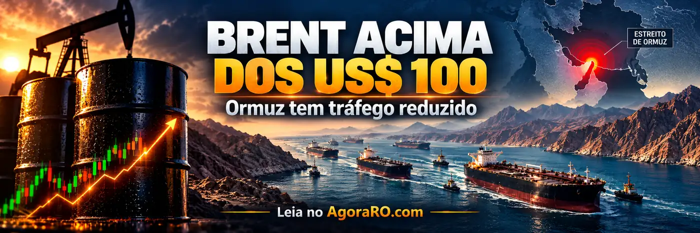 Petróleo Brent acima de US$ 100 em faixa editorial sobre o Estreito de Ormuz