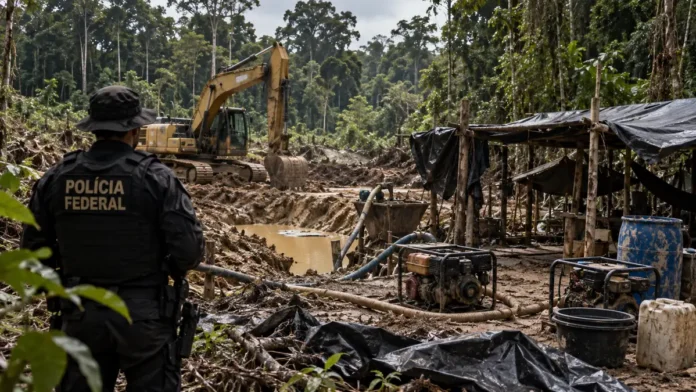 Fiscalização contra garimpo ilegal em Rondônia com maquinário em área de floresta