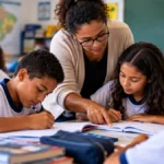 Prefeituras têm até 15 de setembro para concluir plano de recomposição da aprendizagem Professora orienta estudantes em atividade de recomposição da aprendizagem em sala de aula