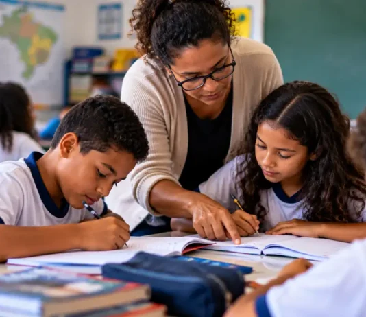Prefeituras têm até 15 de setembro para concluir plano de recomposição da aprendizagem Professora orienta estudantes em atividade de recomposição da aprendizagem em sala de aula