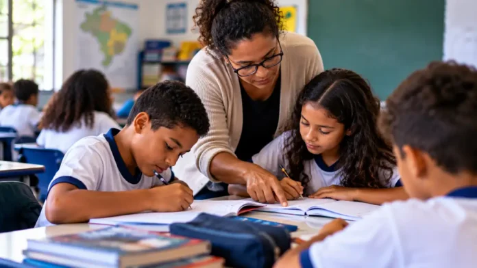 Professora orienta estudantes em atividade de recomposição da aprendizagem em sala de aula