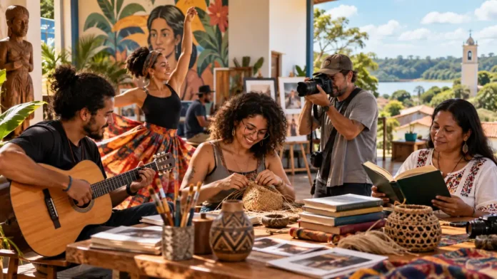 Composição editorial sobre projetos culturais em Cerejeiras com música, dança, fotografia, artesanato e leitura.