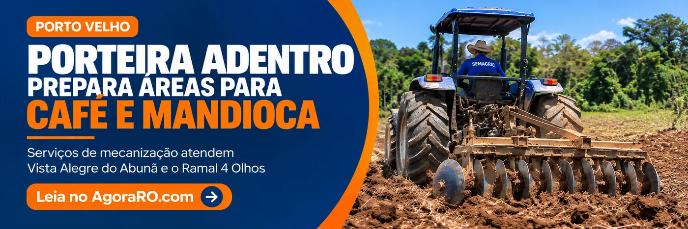 Porteira Adentro: faixa ilustrativa sobre preparo de áreas para café e mandioca em Porto Velho, sem mostrar propriedades reais.