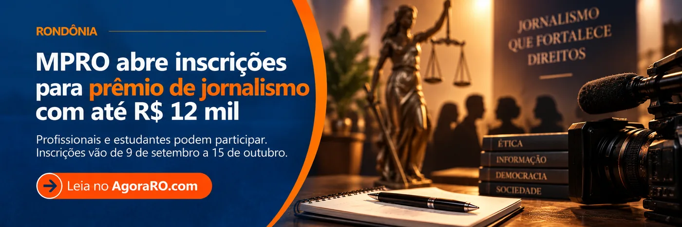 Faixa editorial do Prêmio MPRO de Jornalismo com equipamentos de reportagem e referências à Justiça