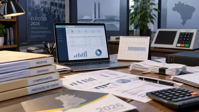 Composição editorial sobre prestação de contas eleitoral 2026 com documentos, calendário e sistema digital