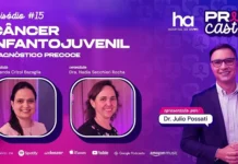 PrevCast #15 explica sinais do câncer infantojuvenil Capa do PrevCast 15 sobre câncer infantojuvenil e diagnóstico precoce, com o apresentador e duas convidadas do Hospital de Amor