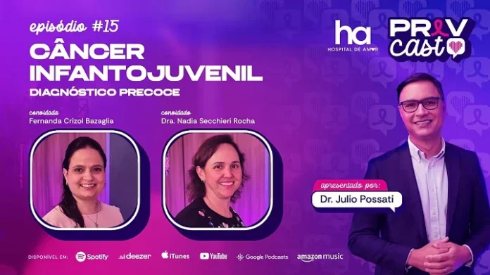 Capa do PrevCast 15 sobre câncer infantojuvenil e diagnóstico precoce, com o apresentador e duas convidadas do Hospital de Amor