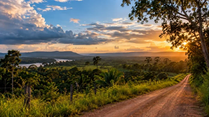 Primavera em Rondônia: paisagem ilustrativa com estrada rural, vegetação e céu ao pôr do sol; não mostra evento climático real.