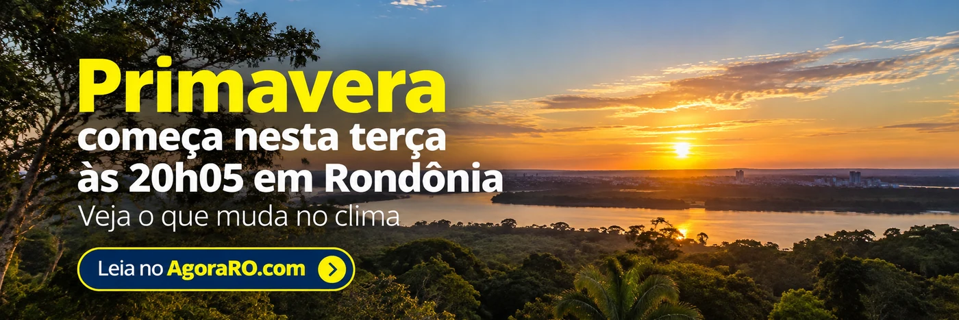 primavera em Rondônia: arte ilustrativa de paisagem ao pôr do sol com informação sobre início da estação às 20h05; não é registro meteorológico.