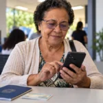 INSS considera comparecimento eleitoral na prova de vida automática Prova de vida automática do INSS: ilustração de mulher idosa consultando celular e documentos, sem reproduzir atendimento real.