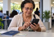 INSS considera comparecimento eleitoral na prova de vida automática Prova de vida automática do INSS: ilustração de mulher idosa consultando celular e documentos, sem reproduzir atendimento real.