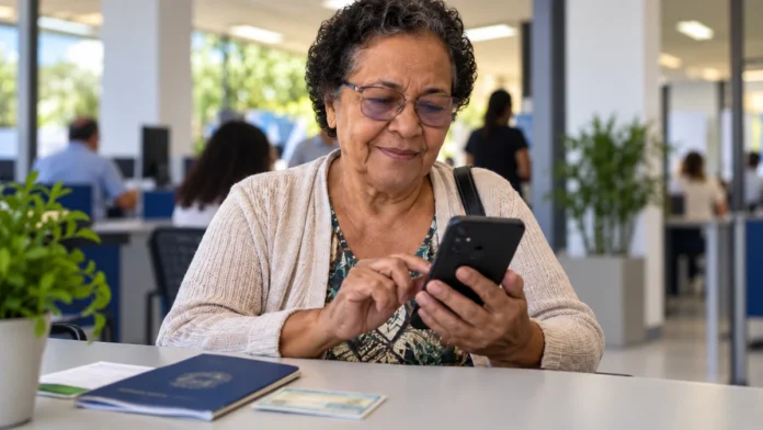 Prova de vida automática do INSS: ilustração de mulher idosa consultando celular e documentos, sem reproduzir atendimento real.