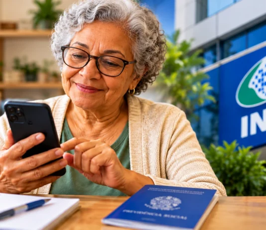 Prova de vida do INSS continua automática e regularização depende de aviso Prova de vida INSS com beneficiária consultando informações pelo celular
