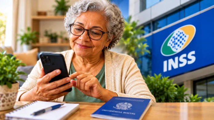 Prova de vida INSS com beneficiária consultando informações pelo celular
