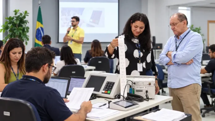 Composição editorial sobre auditoria das urnas em Rondônia com ambiente técnico do TRE-RO e equipamentos eleitorais
