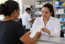 Receita particular pode ser usada para retirar remédio gratuito em Porto Velho Composição editorial sobre paciente apresentando receita médica em atendimento de farmácia municipal.