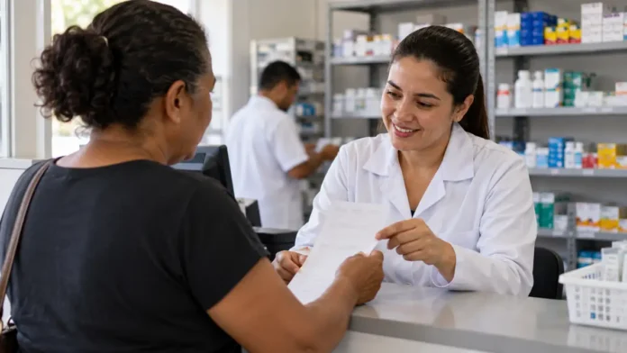 Receita particular no SUS em Porto Velho Composição editorial sobre paciente apresentando receita médica em atendimento de farmácia municipal.