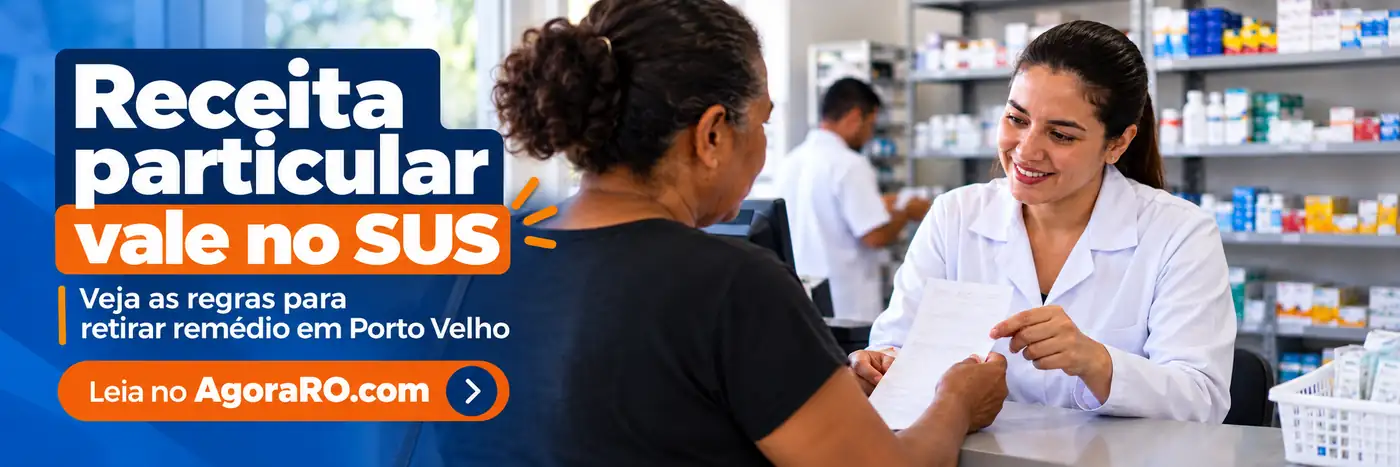Faixa editorial sobre receita particular no SUS e retirada de medicamentos na rede municipal de Porto Velho.