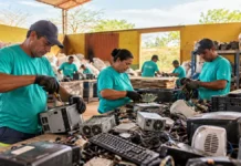 Cooperativa inaugura espaço de reciclagem de eletrônicos em Porto Velho Reciclagem de eletrônicos em Porto Velho ilustrada por triagem de resíduos em cooperativa.