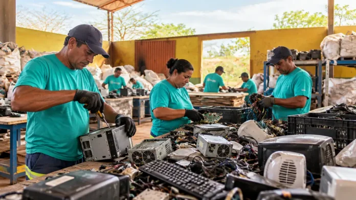 Catanorte inaugura estrutura para reciclagem de eletrônicos. Reciclagem de eletrônicos em Porto Velho ilustrada por triagem de resíduos em cooperativa.
