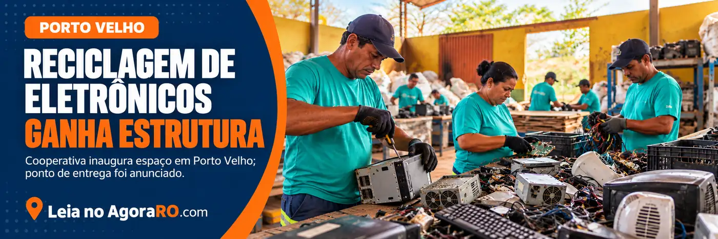 Estrutura de reciclagem de eletrônicos em Porto Velho ilustrada por trabalhadores em triagem.