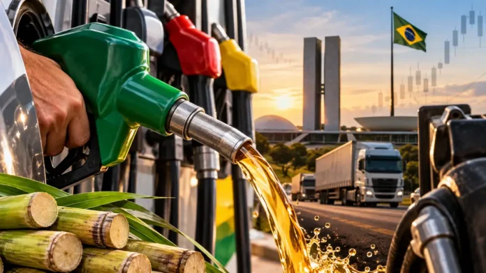 Redução de tributos nos combustíveis em composição editorial com bombas de gasolina, etanol, diesel e transporte rodoviário