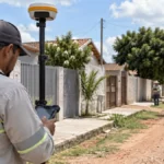 Monte Negro faz georreferenciamento em três setores para regularização fundiária Técnico com equipamento GNSS em composição editorial sobre regularização fundiária em Monte Negro