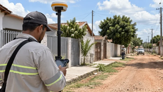 Técnico com equipamento GNSS em composição editorial sobre regularização fundiária em Monte Negro