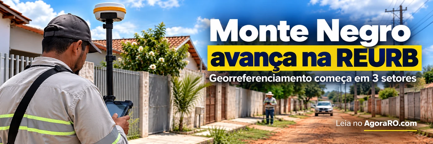 Faixa editorial sobre regularização fundiária em Monte Negro e georreferenciamento em três setores
