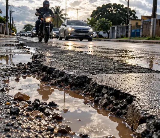 Asfalto cortado, prejuízo depois: lei cobra reparo e garantia de um ano em Porto Velho Reparo de ruas em Porto Velho com remendo afundado, água na pista, motociclista e carros