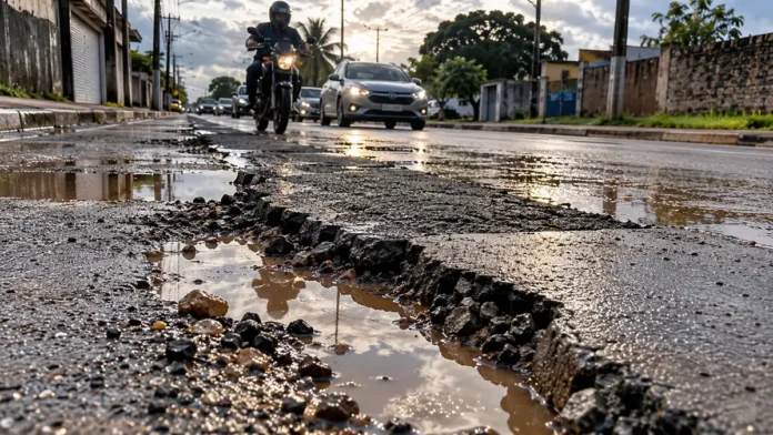 Reparo de ruas em Porto Velho com remendo afundado, água na pista, motociclista e carros