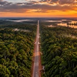 Governo cria quatro reservas na área da BR-319, ligação entre Manaus e Porto Velho Vista aérea de estrada atravessando floresta amazônica ao pôr do sol, representação do corredor da BR-319