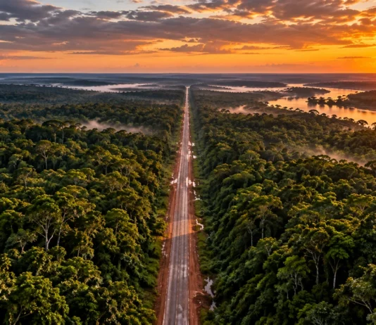 Governo cria quatro reservas na área da BR-319, ligação entre Manaus e Porto Velho Vista aérea de estrada atravessando floresta amazônica ao pôr do sol, representação do corredor da BR-319