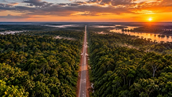 Vista aérea de estrada atravessando floresta amazônica ao pôr do sol, representação do corredor da BR-319