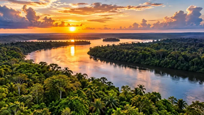 Composição editorial de paisagem amazônica usada para contextualizar a pauta sobre a Resex Jaci-Paraná.