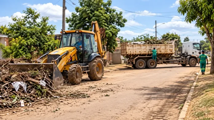 Caminhão e equipe em ação de limpeza urbana em Porto Velho
