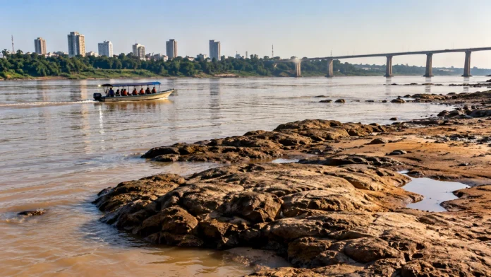 Composição editorial com embarcação no rio, pedras e bancos expostos que ilustram riscos à navegação no Rio Madeira.