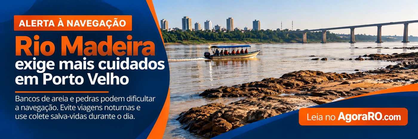 Faixa editorial sobre riscos de navegação no Rio Madeira, com pedras expostas, barco ilustrativo e orientações preventivas.