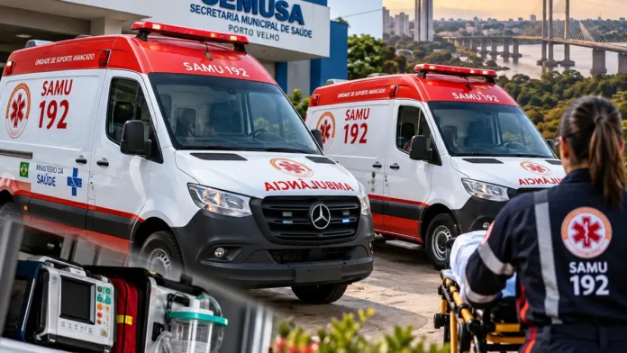 Duas ambulâncias do SAMU em composição editorial sobre o reforço da frota em Porto Velho