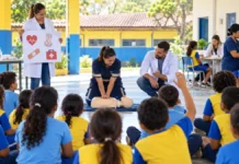 Saúde na Escola alcança 61.215 estudantes em 144 unidades de Porto Velho Atividade de saúde e primeiros socorros em ambiente escolar em composição editorial sobre o Saúde na Escola